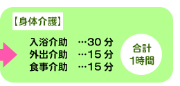 身体介護：入浴介助30分、外出介助15分、食事介助15分　合計1時間