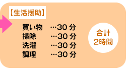 生活援助：買い物30分、掃除30分、洗濯30分、調理30分　合計2時間