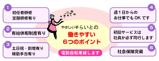 働きやすいポイント - 初任者・定期研修有り、有給休暇制度有り、社会保険完備、電動自転車かします！他